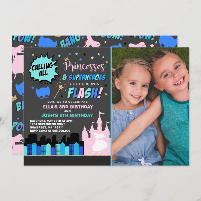 Princess And Superhero Birthday Invitation (Front/Back)