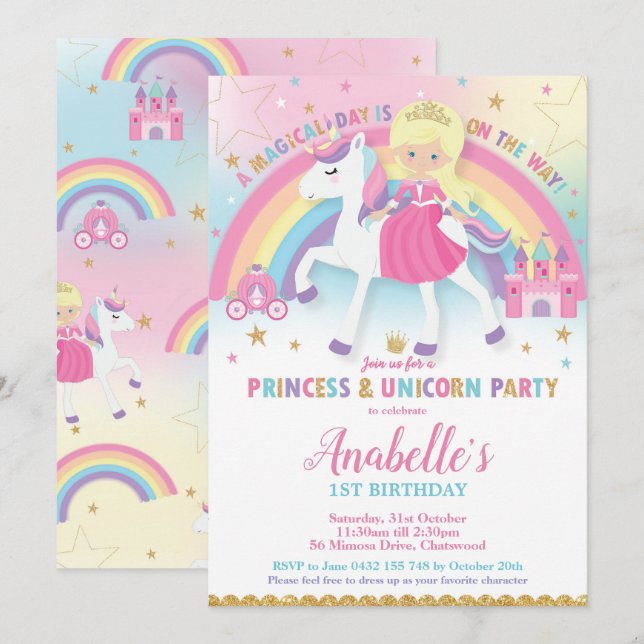 Princess and Unicorn Birthday Invitations Blonde (Front/Back)