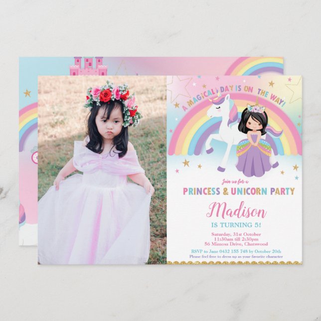 Princess and Unicorn Birthday Party Rainbow Photo Invitation (Front/Back)