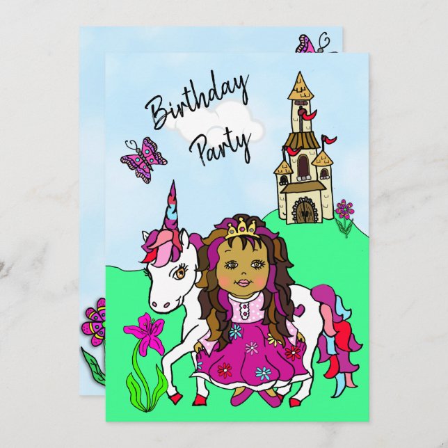 Princess and Unicorn Girl's Birthday Party Invitation (Front/Back)