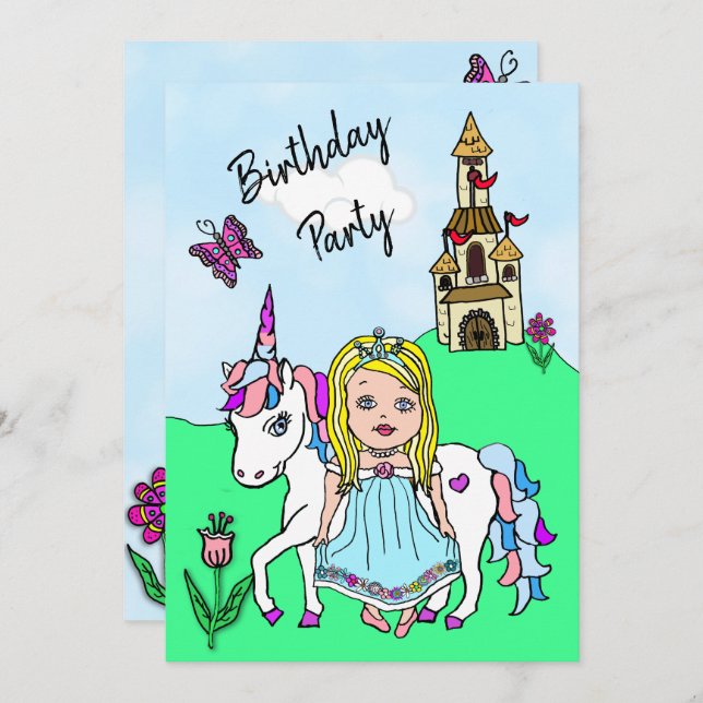 Princess and Unicorn Girl's Birthday Party Invitation (Front/Back)