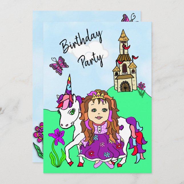 Princess and Unicorn Girl's Birthday Party Invitation (Front/Back)
