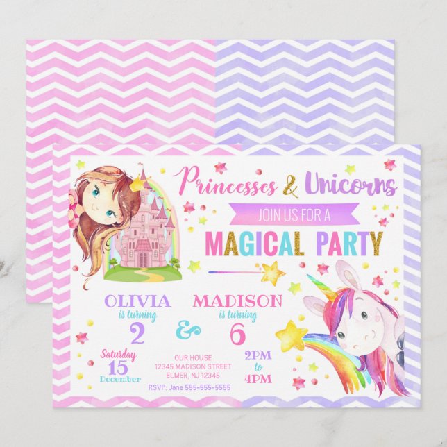 Princess and Unicorn Joint Birthday Invitation (Front/Back)