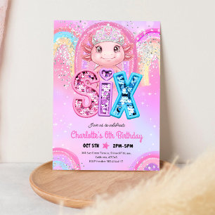 Princess Axolotl 6th Birthday Rainbow Sequin Invitation