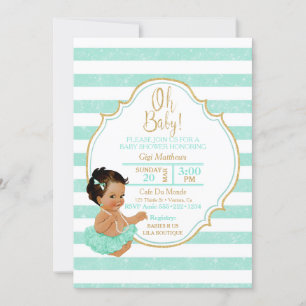 Princess Baby Girl Mint Tutu Stripes Gold Glitter Invitation