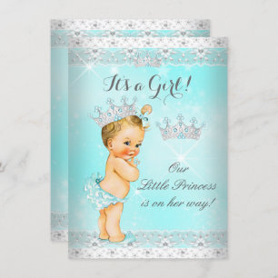 Princess Baby Shower Aqua Lace Tiara Blonde Baby Invitation