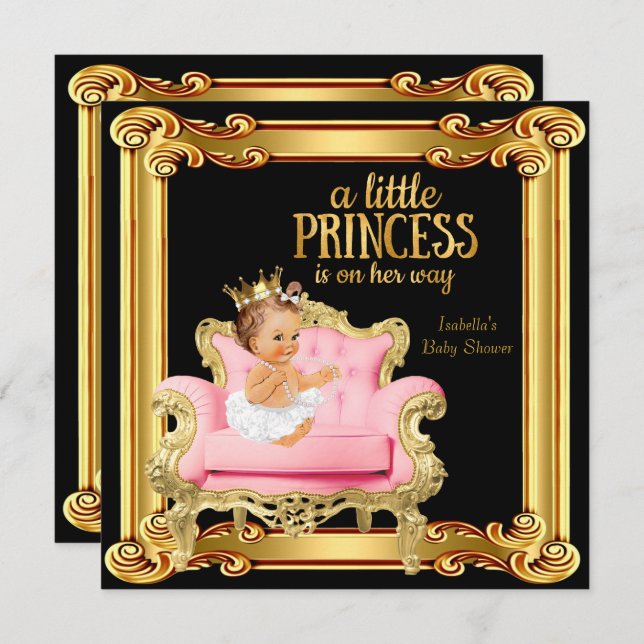 Princess Baby Shower Black Pink Gold Chair Invitation (Front/Back)