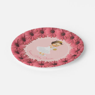Princess Baby Shower Blush Pink Coral Daisies Paper Plate