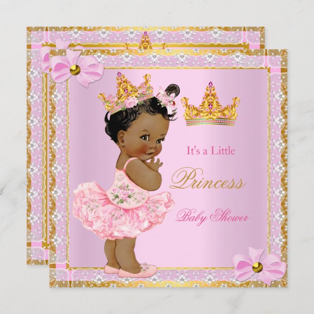 Princess Baby Shower Cute Girl Pink Golden Ethnic Invitation (Front/Back)
