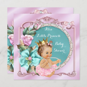 Princess Baby Shower Floral Teal Pink Brunette Invitation