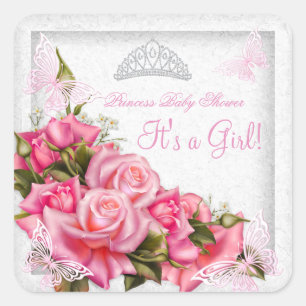 Princess Baby Shower Girl Butterfly Pink Rose 3 Square Sticker