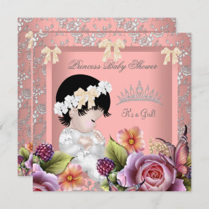 Princess Baby Shower Girl Coral Pink Rose Tiara Invitation