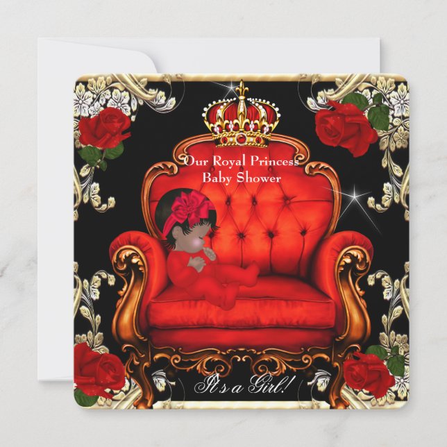 Princess Baby Shower Girl Gold Red Rose Chair 3 Invitation (Front)