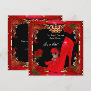 Princess Baby Shower Girl Gold Red Rose Shoe 2a Invitation