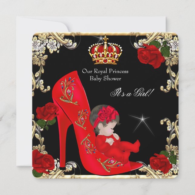 Princess Baby Shower Girl Gold Red Rose Shoe 4a Invitation (Front)