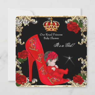 Princess Baby Shower Girl Gold Red Rose Shoe 4a Invitation