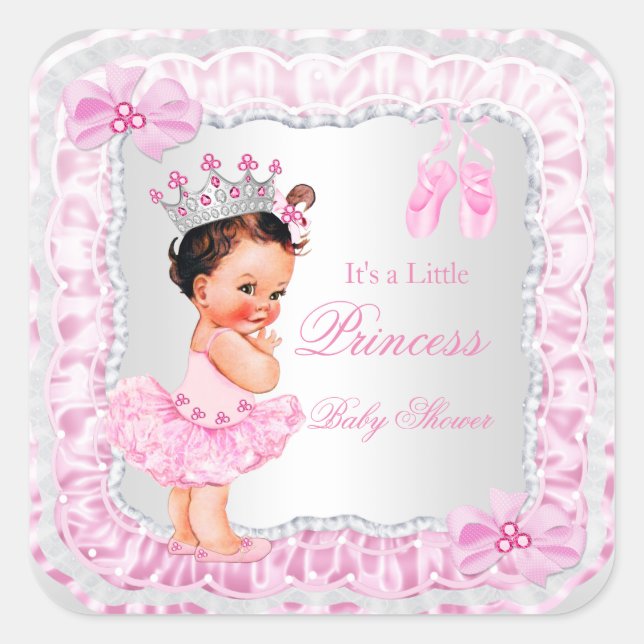 Princess Baby Shower Girl Pink Ballerina Brunette Square Sticker (Front)