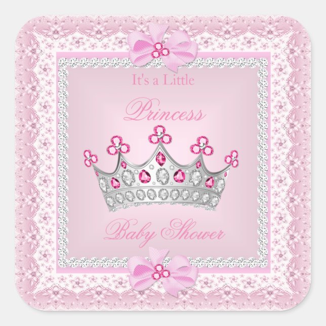 Princess Baby Shower Girl Pink Gem Silver Tiara Square Sticker (Front)