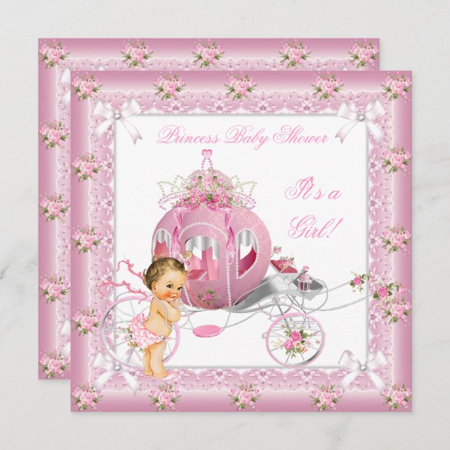 Princess Baby Shower Girl Pink Pearls Brunette Invitation (Front/Back)
