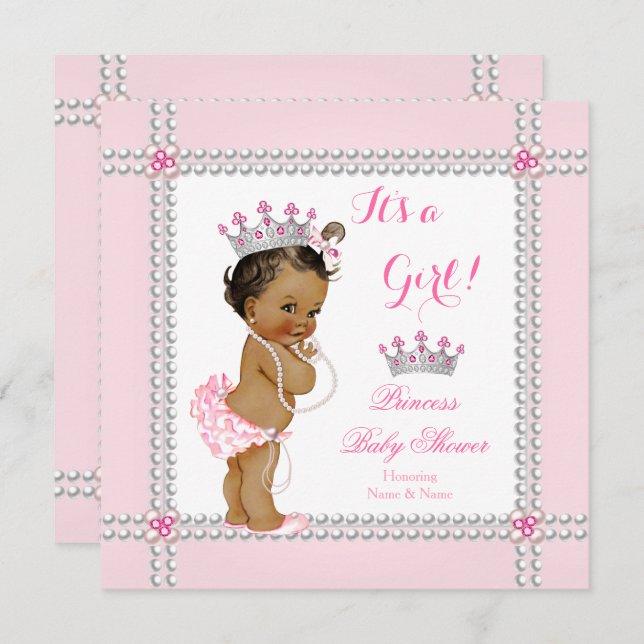 Princess Baby Shower Girl Pink Pearls Ethnic Invitation (Front/Back)