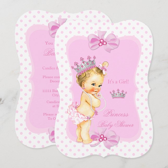 Princess Baby Shower Girl Pink Polka Dot Blonde Invitation (Front/Back)