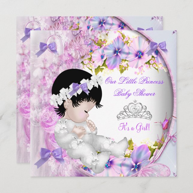 Princess Baby Shower Girl Pink Purple Floral 3 Invitation (Front/Back)