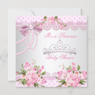 Princess Baby Shower Girl Pink Rose Pearl Lace Invitation