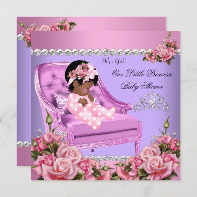 Princess Baby Shower Girl Pink Roses Chair Purple Invitation (Front/Back)