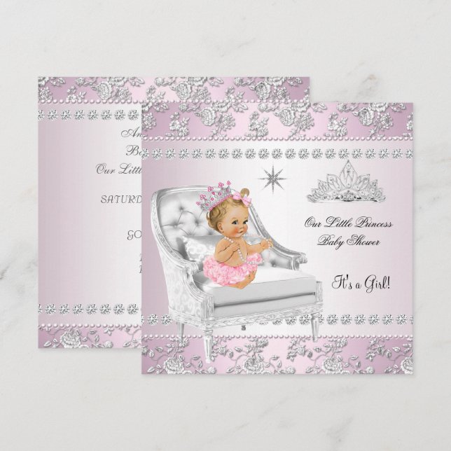 Princess Baby Shower Girl Pink Silver Chair blonde Invitation (Front/Back)