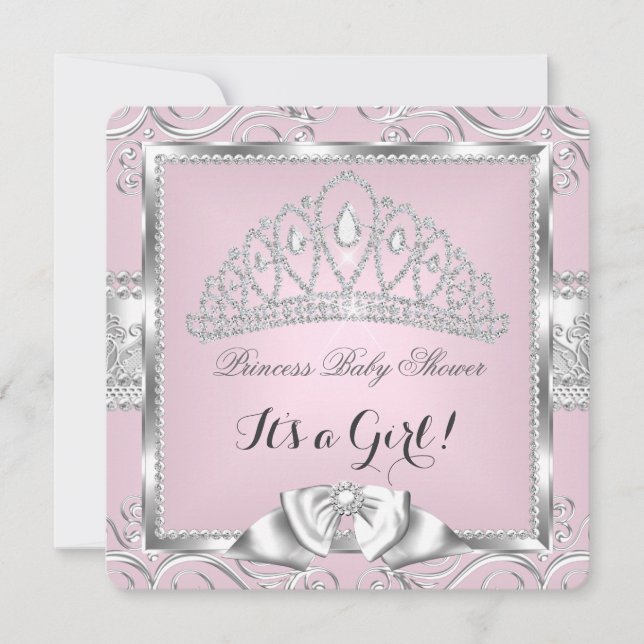 Princess Baby Shower Girl Pink Silver damask Invitation (Front)