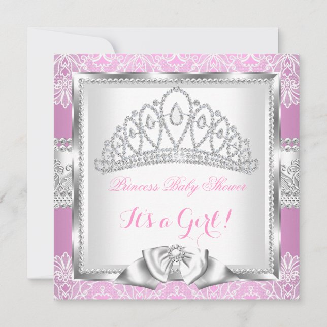 Princess Baby Shower Girl Pink Silver Lace 2 Invitation (Front)