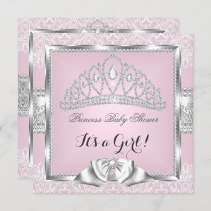Princess Baby Shower Girl Pink Silver Lace 3 Invitation