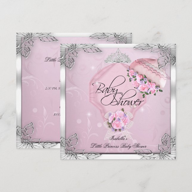 Princess Baby Shower Girl Pink Silver Roses Invitation (Front/Back)