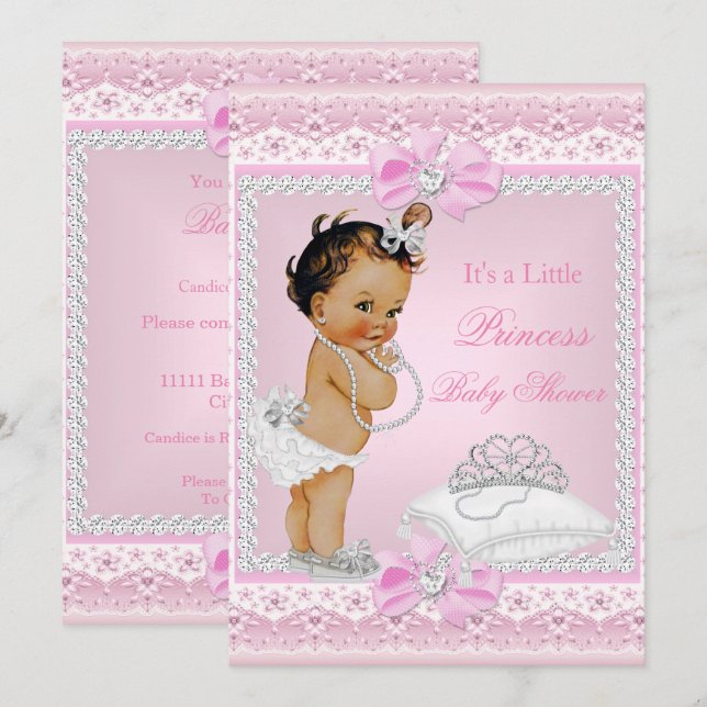 Princess Baby Shower Girl Pink Tiara Heart Brunett Invitation (Front/Back)
