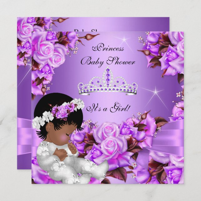 Princess Baby Shower Girl Purple Pink Rose Bow 2 Invitation (Front/Back)
