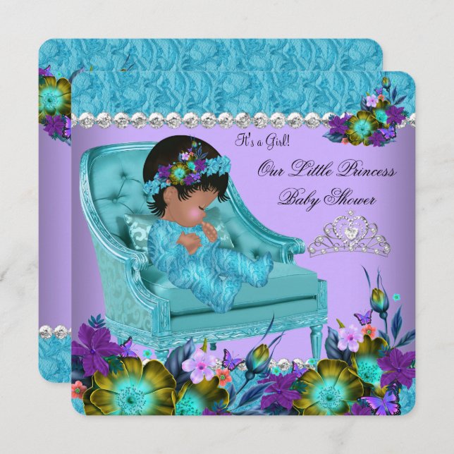 Princess Baby Shower Girl Purple Teal Blue Chair 2 Invitation (Front/Back)