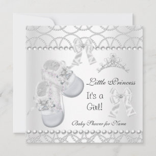 Princess Baby Shower Girl Silver White Shoes Invitation