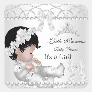 Princess Baby Shower Girl Silver White Tiara Square Sticker