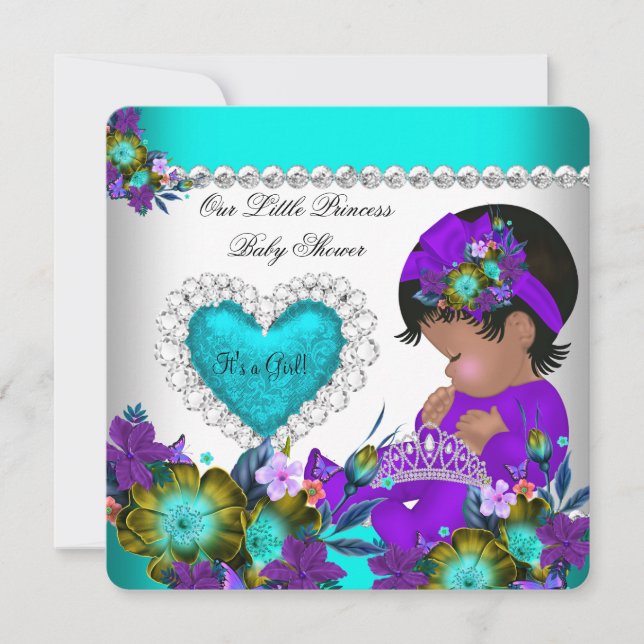 Princess Baby Shower Girl Teal Blue Heart Purple Invitation (Front)