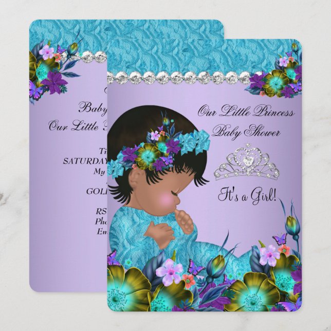 Princess Baby Shower Girl Teal Blue Purple 2 Invitation (Front/Back)