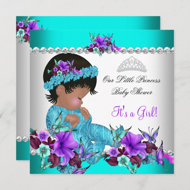 Princess Baby Shower Girl Teal Blue Purple 3 Invitation (Front/Back)