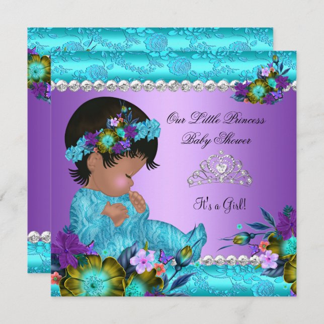 Princess Baby Shower Girl Teal Blue Purple Damask Invitation (Front/Back)