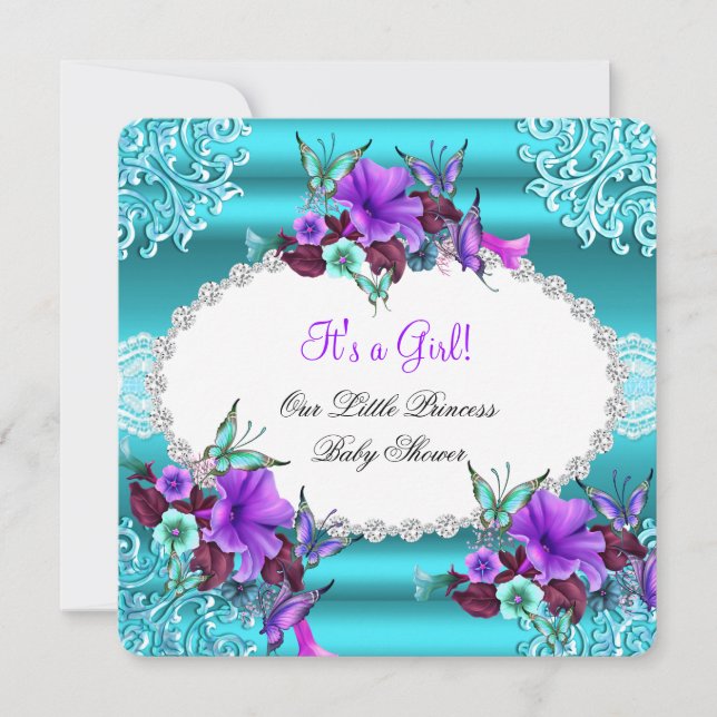 Princess Baby Shower Girl Teal Blue Purple Floral Invitation (Front)