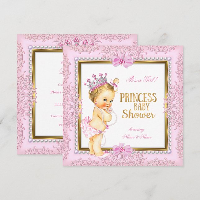 Princess Baby Shower Gold Pink Pearls Lace Blonde Invitation (Front/Back)