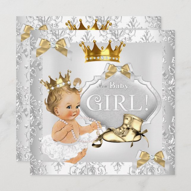 Princess Baby Shower Gold Silver Damask Blonde Invitation (Front/Back)