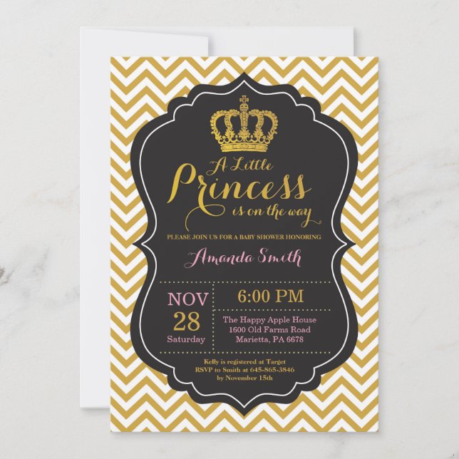 Princess Baby Shower Invitation Pink and Gold (Front)