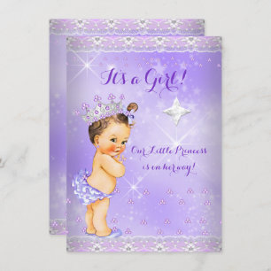 Princess Baby Shower Lilac Lavender Tiara Brunette Invitation
