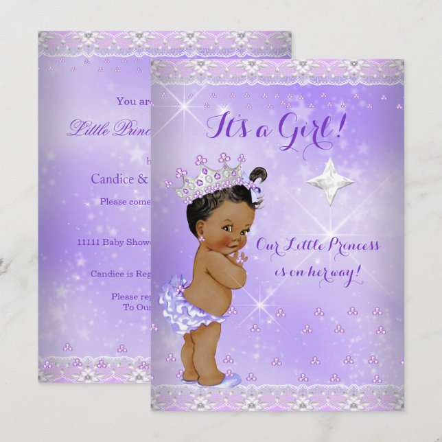 Princess Baby Shower Lilac Lavender Tiara Ethnic Invitation (Front/Back)