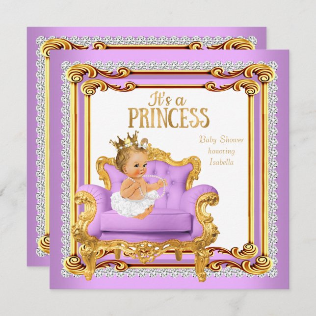 Princess Baby Shower Lilac Pink Gold Chair Blonde Invitation (Front/Back)
