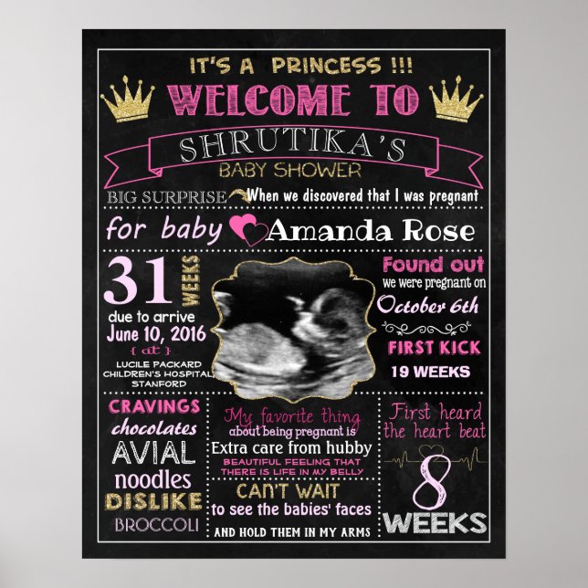 Princess Baby Shower Party chalkboard sign poster (Front)